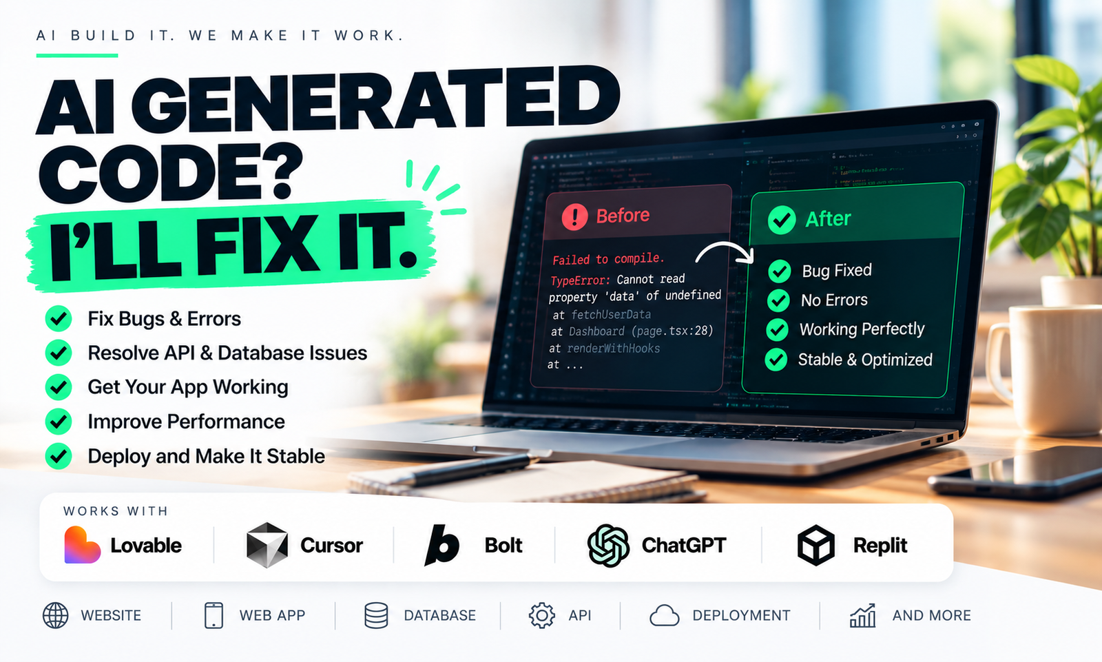AI code rescue: fixing bugs, API and database issues, performance and deployment