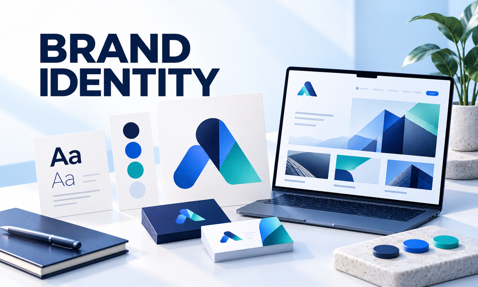 Brand identity illustration with logo, typography, colours and business cards