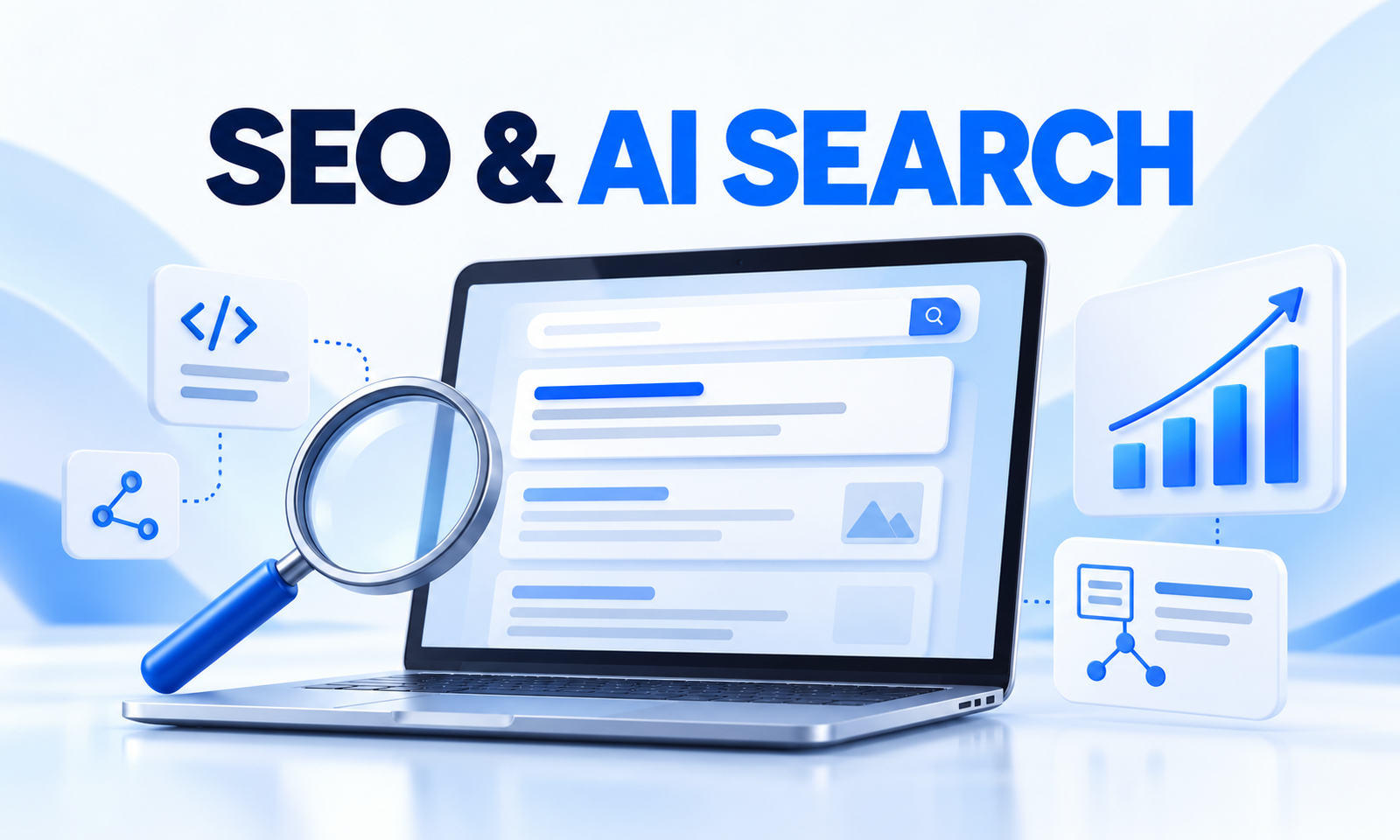 SEO and AI search illustration with search results and analytics
